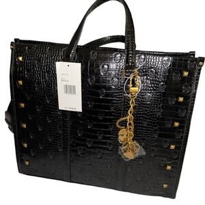 BETSEY JOHNSON XL FAUX CROC BLACK TOTE W/ SKULLS STUDS & GOLD PURSE CHARM NWT